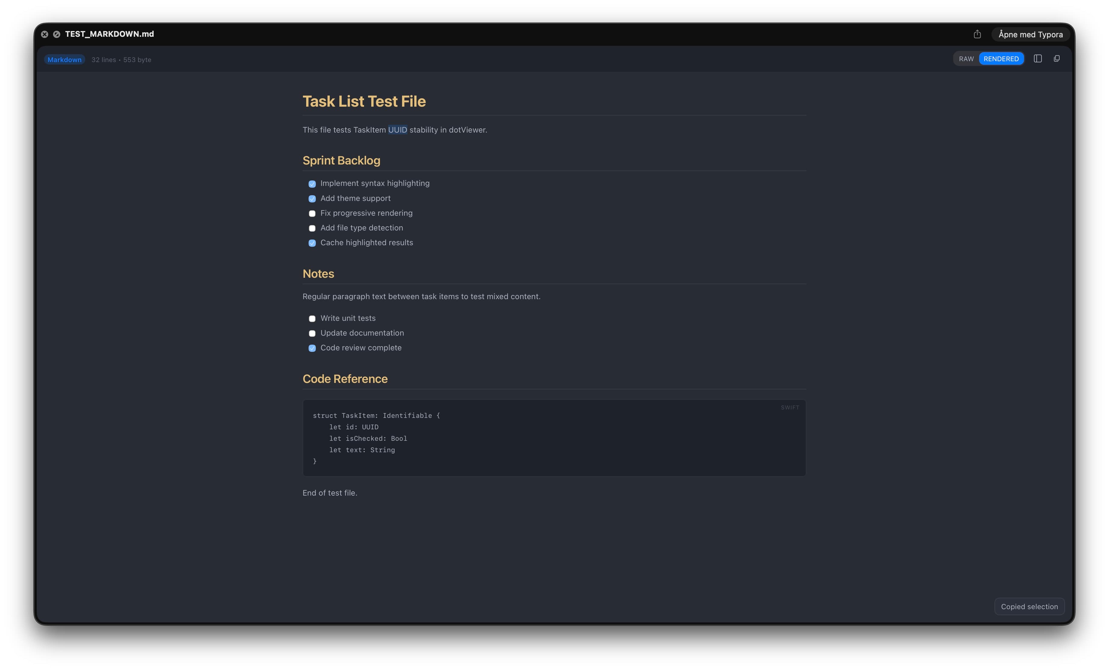 dotViewer rendered markdown preview showing copied selection feedback
