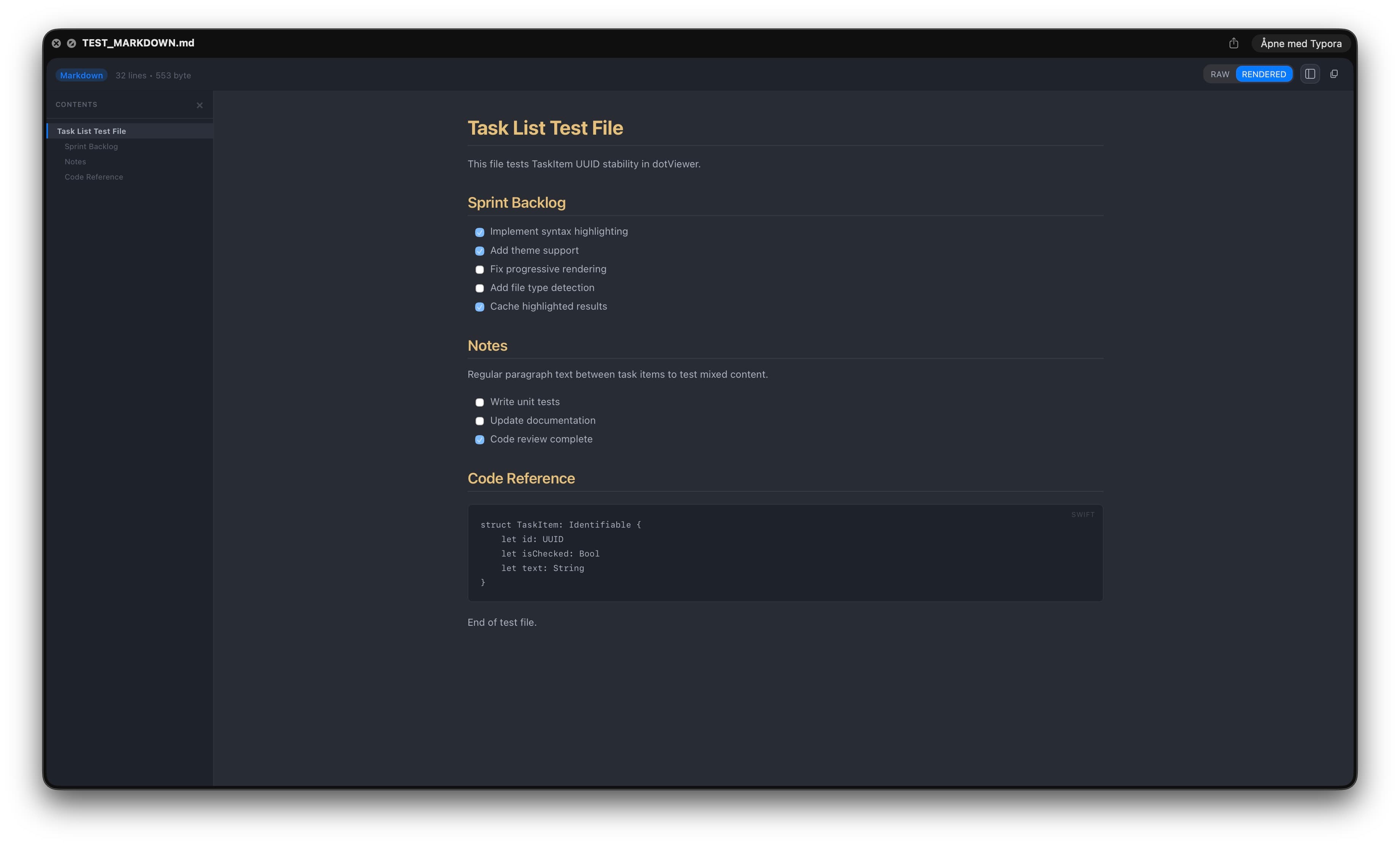 dotViewer rendered markdown preview with the table of contents open
