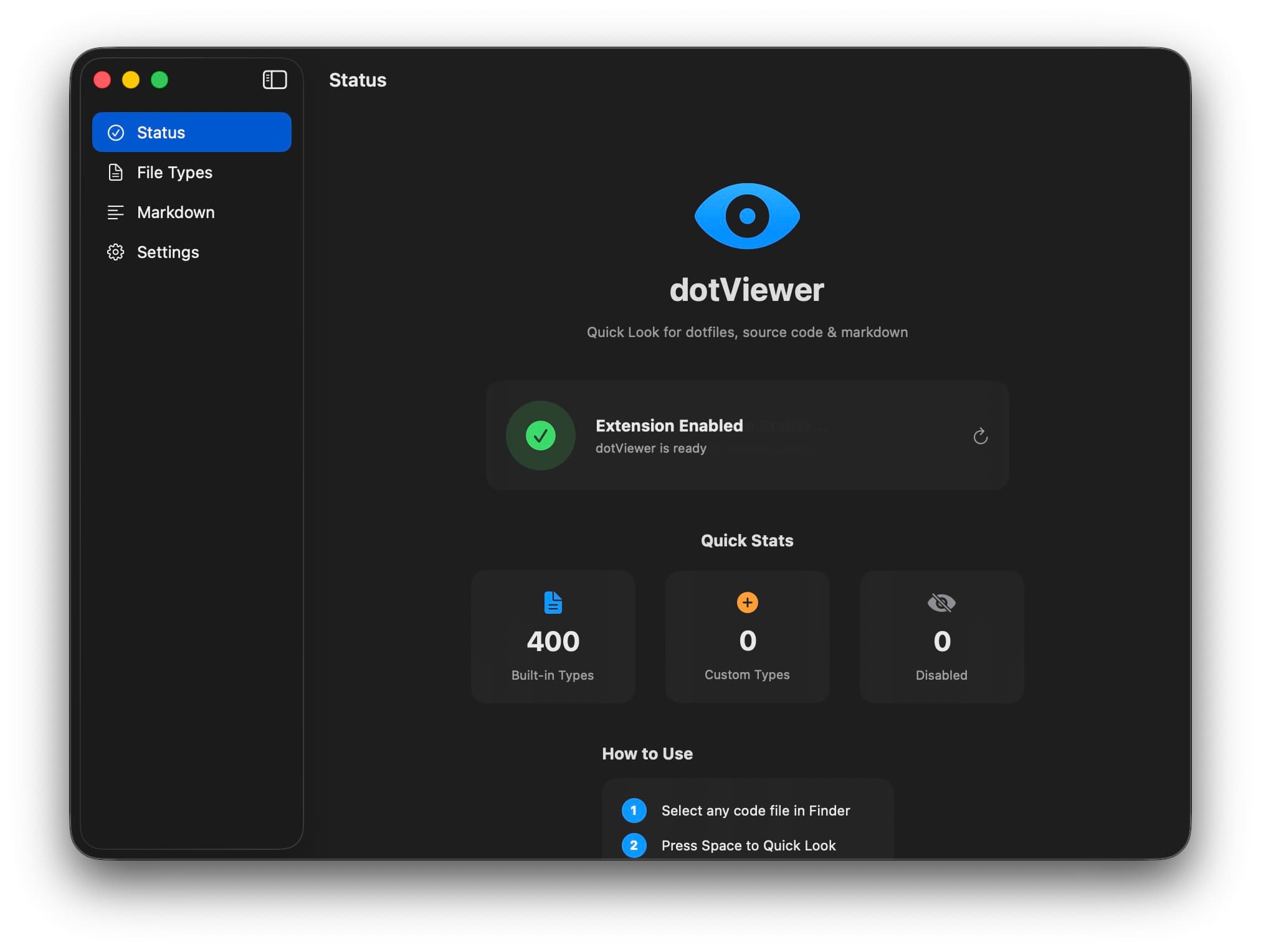 dotViewer status screen showing extension enabled and quick stats